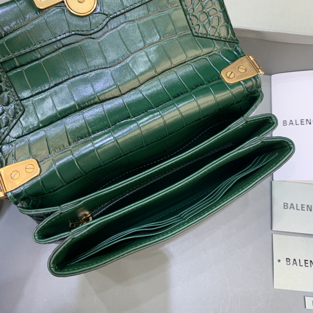 Balenciaga Triplet Small Bag With Chain Crocodile Embossed Calfskin Shouler Bag Green